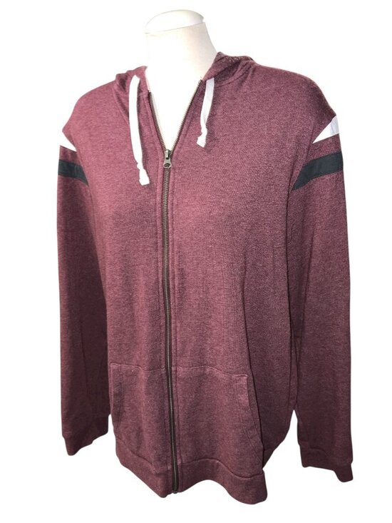 George Maroon Zip-Up Hoodie With White & Black Striped Sleeves Size Large Womens - Picture 1 of 10